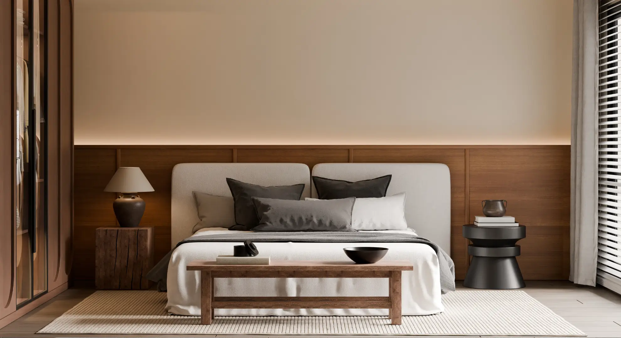 Modern bedroom with asymmetrical furniture