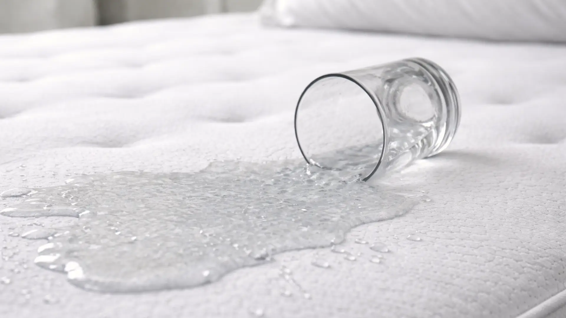 Glass of water spilling on surface of a mattress