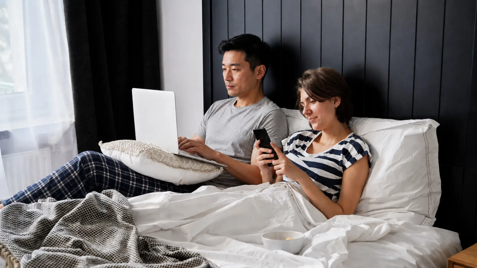 Couple lying in bed with devices